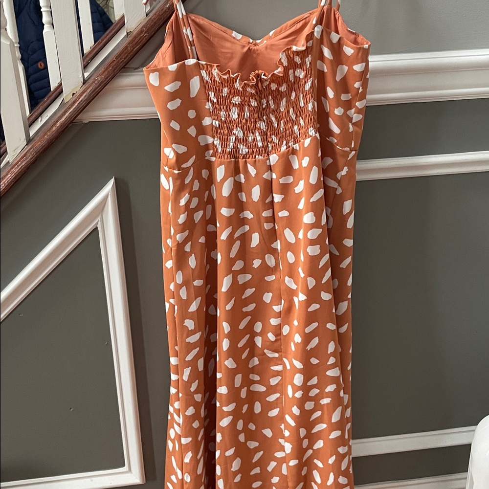Lulus Party In Paris Light Orange Print Tie-strap Midi Dress - Size S - Picture 7 of 7